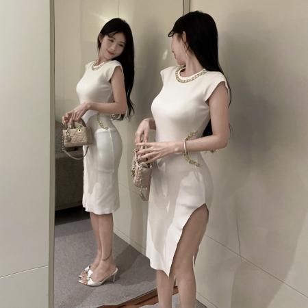 BY15143# 气质小众轻奢中长款重工链条修身包臀聚会针织连衣裙 服裝批發女裝批發服飾貨源