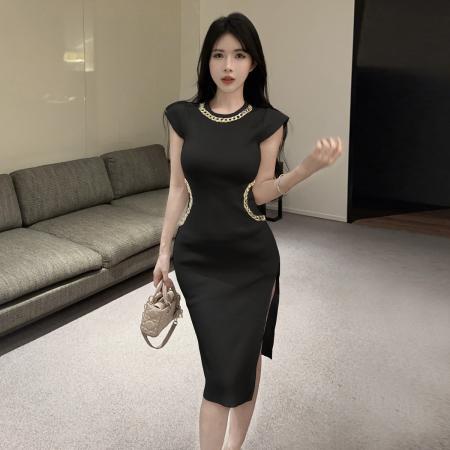 BY15143# 气质小众轻奢中长款重工链条修身包臀聚会针织连衣裙 服裝批發女裝批發服飾貨源