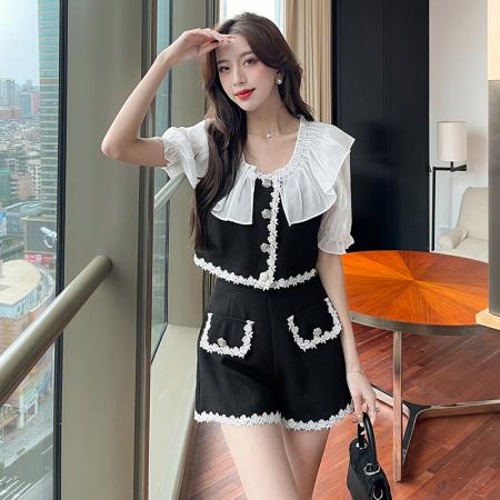 BY15147# 夏季新款网红撞色收腰显瘦短裤套装 服裝批發女裝批發服飾貨源