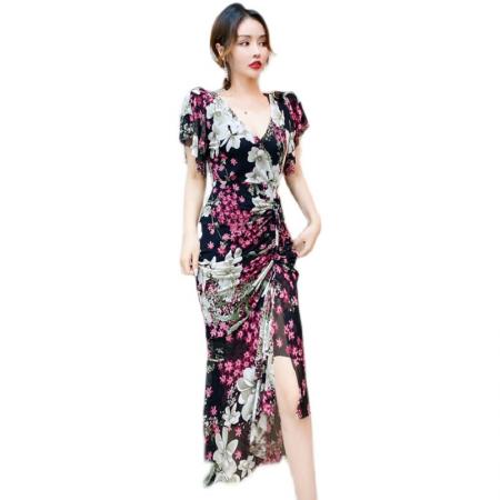 BY15149# 夏季时尚洋气网红不规则v领印花礼服长裙开叉包臀连衣裙 服裝批發女裝批發服飾貨源