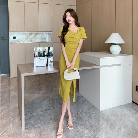 BY15151# 视频夏季时尚网红v领炸街单排扣长裙开叉包臀连衣裙 服裝批發女裝批發服飾貨源