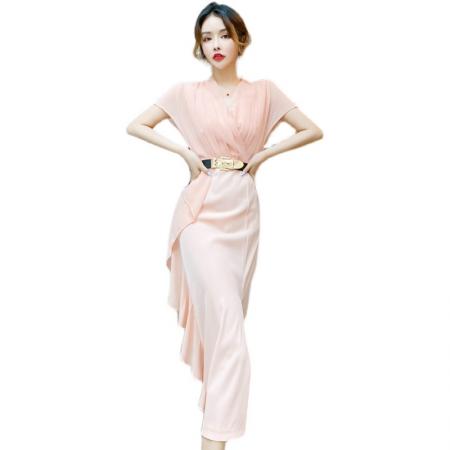 BY15152# 夏季时尚洋气女装v领不规则开叉飘逸长裙包臀收腰连衣裙 服裝批發女裝批發服飾貨源