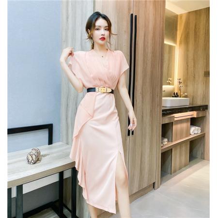 BY15152# 夏季时尚洋气女装v领不规则开叉飘逸长裙包臀收腰连衣裙 服裝批發女裝批發服飾貨源