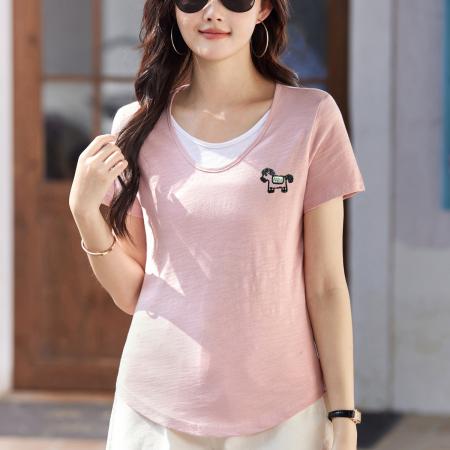 BY15157# 假两件竹节棉纯棉短袖t恤女夏季宽松简约显瘦半袖女士百搭ins上衣 服裝批發女裝批發服飾貨源