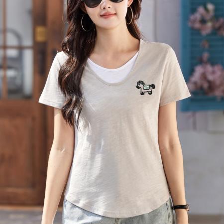 BY15157# 假两件竹节棉纯棉短袖t恤女夏季宽松简约显瘦半袖女士百搭ins上衣 服裝批發女裝批發服飾貨源