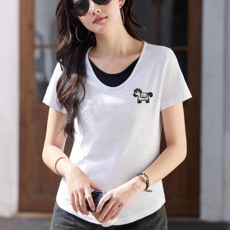 BY15157# 假两件竹节棉纯棉短袖t恤女夏季宽松简约显瘦半袖女士百搭ins上衣 服裝批發女裝批發服飾貨源