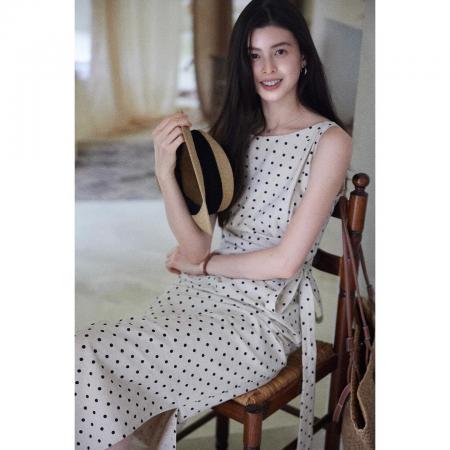 BY15184# 松间月高级感气质波点连衣裙女侧收腰亚麻棉法式长裙服裝批發女裝批發服飾貨源