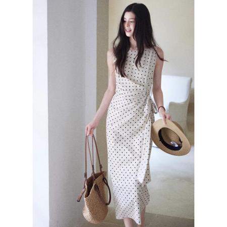 BY15184# 松间月高级感气质波点连衣裙女侧收腰亚麻棉法式长裙服裝批發女裝批發服飾貨源