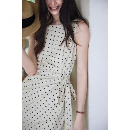 BY15184# 松间月高级感气质波点连衣裙女侧收腰亚麻棉法式长裙服裝批發女裝批發服飾貨源