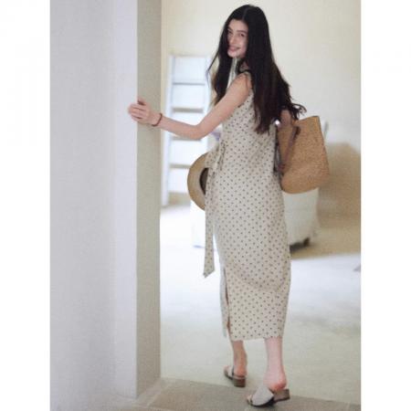 BY15184# 松间月高级感气质波点连衣裙女侧收腰亚麻棉法式长裙服裝批發女裝批發服飾貨源