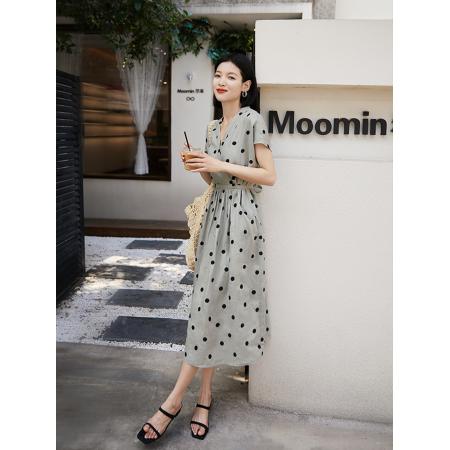 BY15187# 斑驳艺术复古刺绣波点大体量轻盈感亚麻连衣裙服裝批發女裝批發服飾貨源