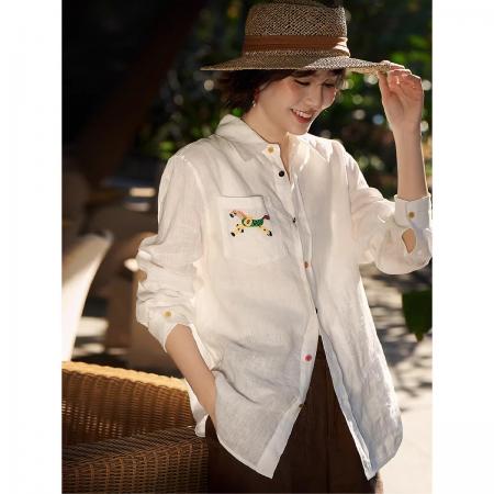 BY15189# 美妙的事老钱风亚麻衬衫_彩虹单排扣小马口袋刺绣衬衣女26新款服裝批發女裝批發服飾貨源