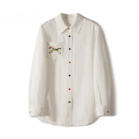 BY15189# 美妙的事老钱风亚麻衬衫_彩虹单排扣小马口袋刺绣衬衣女26新款服裝批發女裝批發服飾貨源