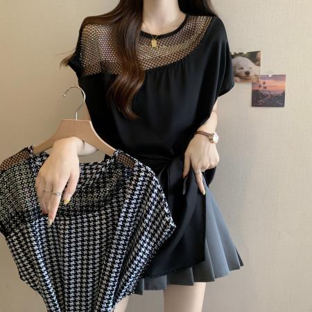 BY15190# 重工亮片气质显瘦衬衫女夏胖MM高级感不规则遮肚系带正肩上衣服裝批發女裝批發服飾貨源