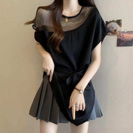 BY15190# 重工亮片气质显瘦衬衫女夏胖MM高级感不规则遮肚系带正肩上衣服裝批發女裝批發服飾貨源