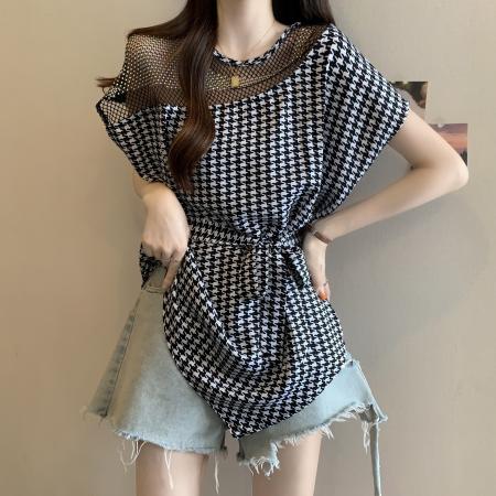 BY15190# 重工亮片气质显瘦衬衫女夏胖MM高级感不规则遮肚系带正肩上衣服裝批發女裝批發服飾貨源