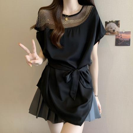 BY15190# 重工亮片气质显瘦衬衫女夏胖MM高级感不规则遮肚系带正肩上衣服裝批發女裝批發服飾貨源