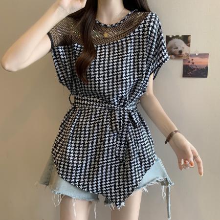 BY15190# 重工亮片气质显瘦衬衫女夏胖MM高级感不规则遮肚系带正肩上衣服裝批發女裝批發服飾貨源