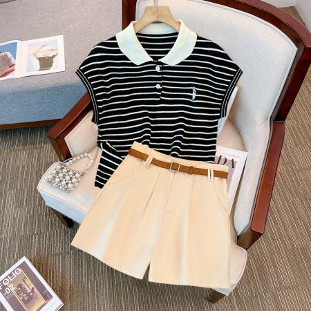 BY15191# 大码女装夏季新款胖MM遮肉显瘦减龄休闲针织衫阔腿短裤两件套服裝批發女裝批發服飾貨源