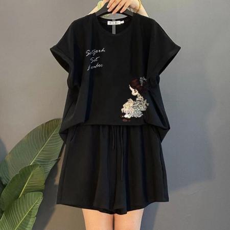 BY15197# 大码女装胖MM时尚减龄休闲运动服套装女士夏季新款显瘦两件套服裝批發女裝批發服飾貨源