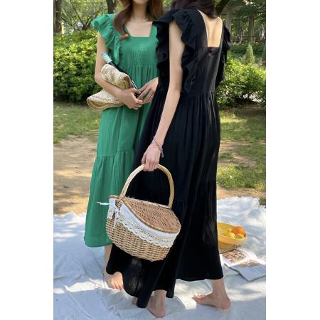 BY15213# 韩国chic方领露锁骨拼接荷叶边飞飞袖连衣裙长裙服裝批發女裝批發服飾貨源