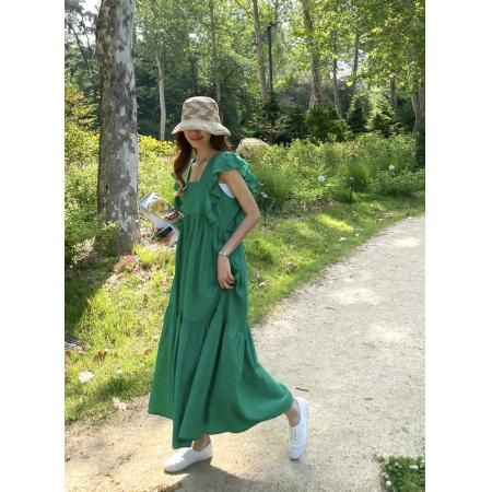 BY15213# 韩国chic方领露锁骨拼接荷叶边飞飞袖连衣裙长裙服裝批發女裝批發服飾貨源