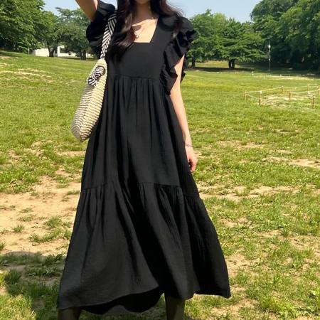 BY15213# 韩国chic方领露锁骨拼接荷叶边飞飞袖连衣裙长裙服裝批發女裝批發服飾貨源