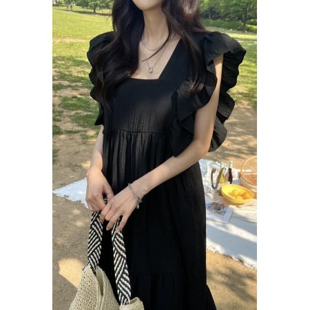 BY15213# 韩国chic方领露锁骨拼接荷叶边飞飞袖连衣裙长裙服裝批發女裝批發服飾貨源