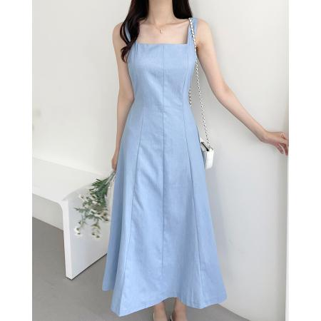 BY15214# 韩国chic法式气质方领系带牛仔连衣裙长裙服裝批發女裝批發服飾貨源