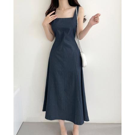 BY15214# 韩国chic法式气质方领系带牛仔连衣裙长裙服裝批發女裝批發服飾貨源