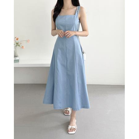 BY15214# 韩国chic法式气质方领系带牛仔连衣裙长裙服裝批發女裝批發服飾貨源