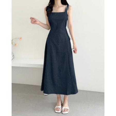 BY15214# 韩国chic法式气质方领系带牛仔连衣裙长裙服裝批發女裝批發服飾貨源