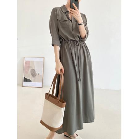 BY15215# 韩国chic法式休闲口袋宽松抽绳系带收腰连衣裙长裙服裝批發女裝批發服飾貨源