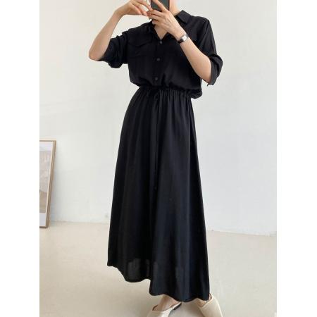 BY15215# 韩国chic法式休闲口袋宽松抽绳系带收腰连衣裙长裙服裝批發女裝批發服飾貨源