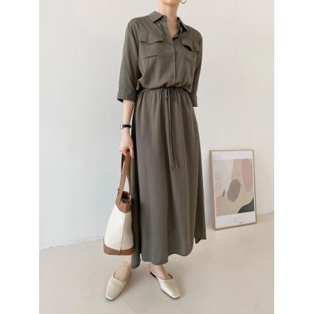 BY15215# 韩国chic法式休闲口袋宽松抽绳系带收腰连衣裙长裙服裝批發女裝批發服飾貨源