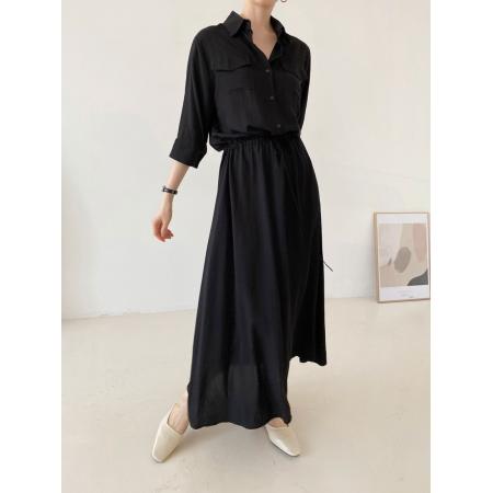 BY15215# 韩国chic法式休闲口袋宽松抽绳系带收腰连衣裙长裙服裝批發女裝批發服飾貨源