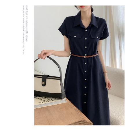 BY15216# 韩国chic法式气质翻领复古连衣裙配腰带服裝批發女裝批發服飾貨源