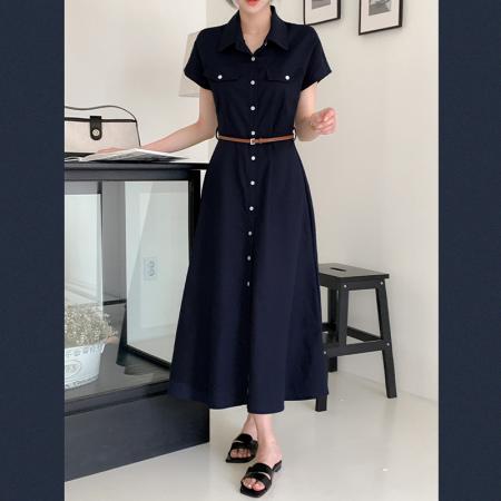 BY15216# 韩国chic法式气质翻领复古连衣裙配腰带服裝批發女裝批發服飾貨源