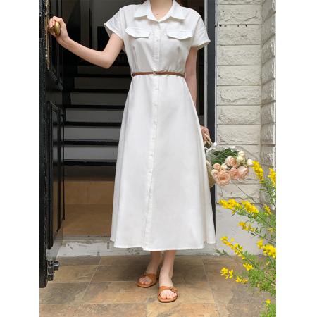 BY15216# 韩国chic法式气质翻领复古连衣裙配腰带服裝批發女裝批發服飾貨源