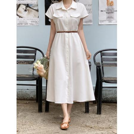 BY15216# 韩国chic法式气质翻领复古连衣裙配腰带服裝批發女裝批發服飾貨源