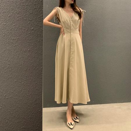 BY15217# 韩国chic法式气质V领抽绳单排扣无袖连衣裙服裝批發女裝批發服飾貨源