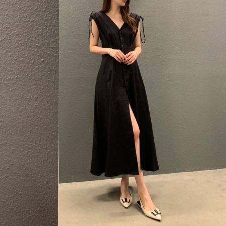 BY15217# 韩国chic法式气质V领抽绳单排扣无袖连衣裙服裝批發女裝批發服飾貨源