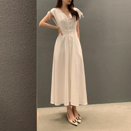 BY15217# 韩国chic法式气质V领抽绳单排扣无袖连衣裙服裝批發女裝批發服飾貨源