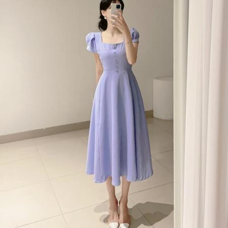 BY15219# 韩国chic气质方领泡泡袖绑带收腰显瘦连衣裙服裝批發女裝批發服飾貨源