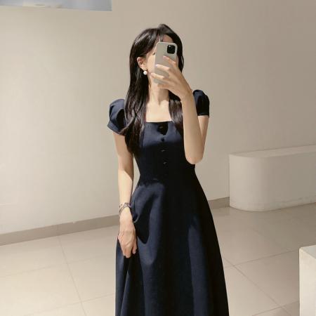 BY15219# 韩国chic气质方领泡泡袖绑带收腰显瘦连衣裙服裝批發女裝批發服飾貨源