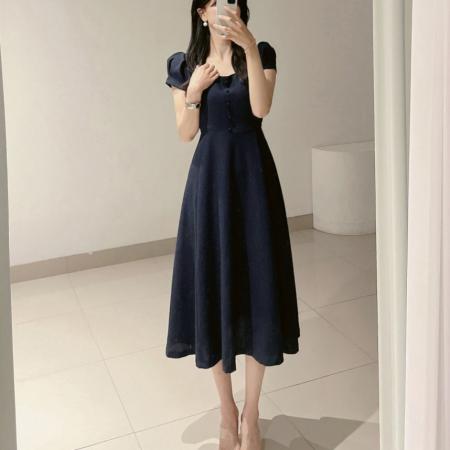 BY15219# 韩国chic气质方领泡泡袖绑带收腰显瘦连衣裙服裝批發女裝批發服飾貨源