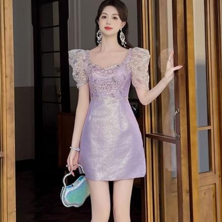 BY15221# 名媛紫色连衣裙夏季女蕾丝拼接高端生日宴会小礼服收腰a字短裙子服裝批發女裝批發服飾貨源