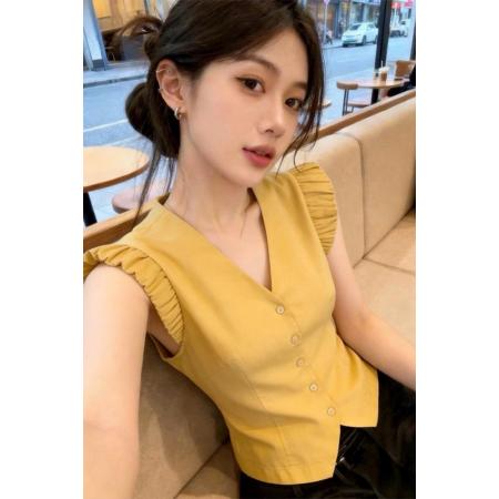 BY15232# 法式轻熟风黄色v领小飞袖衬衫女设计感独特漂亮修身绝美上衣服裝批發女裝批發服飾貨源