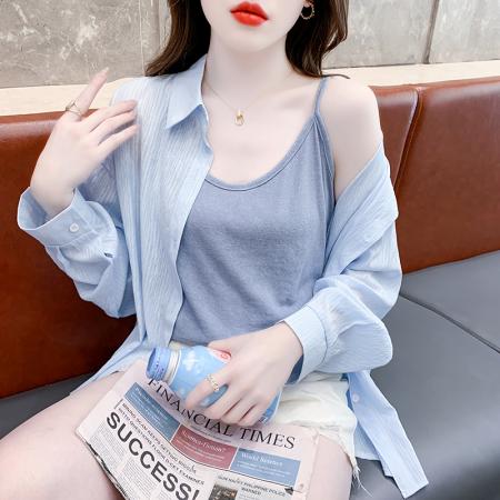 BY15244# 夏季防晒新款韩版两件套纯色开衫薄款衬衣+背心吊带上衣服裝批發女裝批發服飾貨源