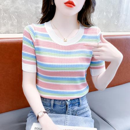 BY15246# 夏季新款圆领条纹针织短袖T桖修身显瘦百搭上衣服裝批發女裝批發服飾貨源